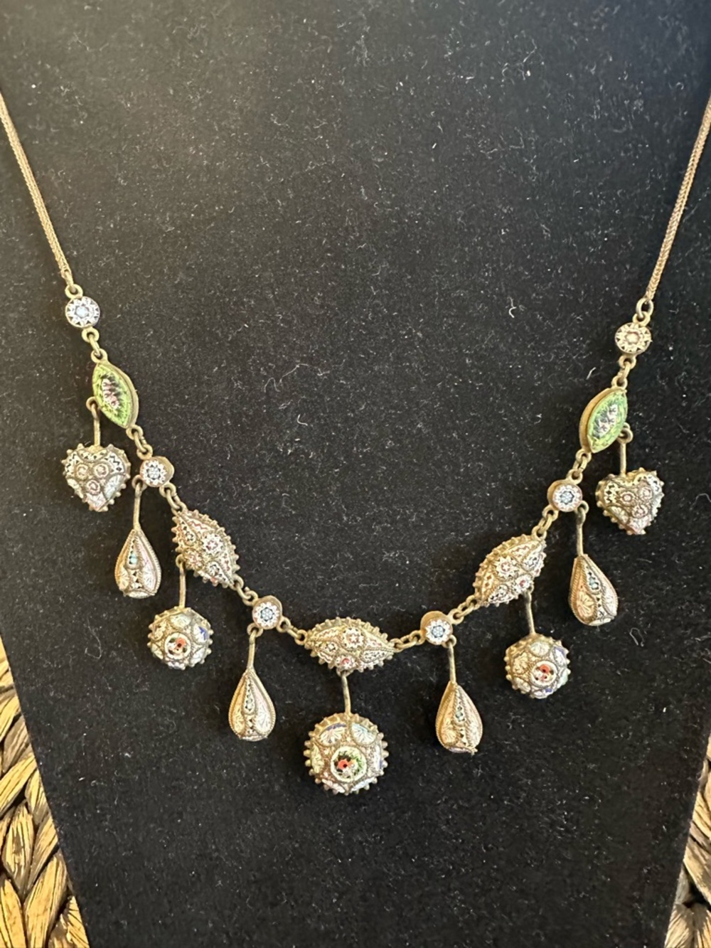 Antique Italian Micromosaic Necklace • Floral Mosaic Drops • Victorian/Grand - Picture 2 of 10